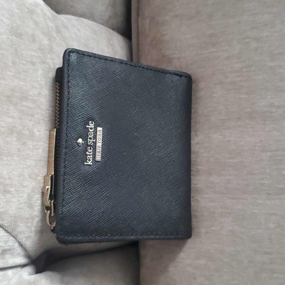 kate spade Black Compact Saffiano Leather Wallet with Gold Hardware